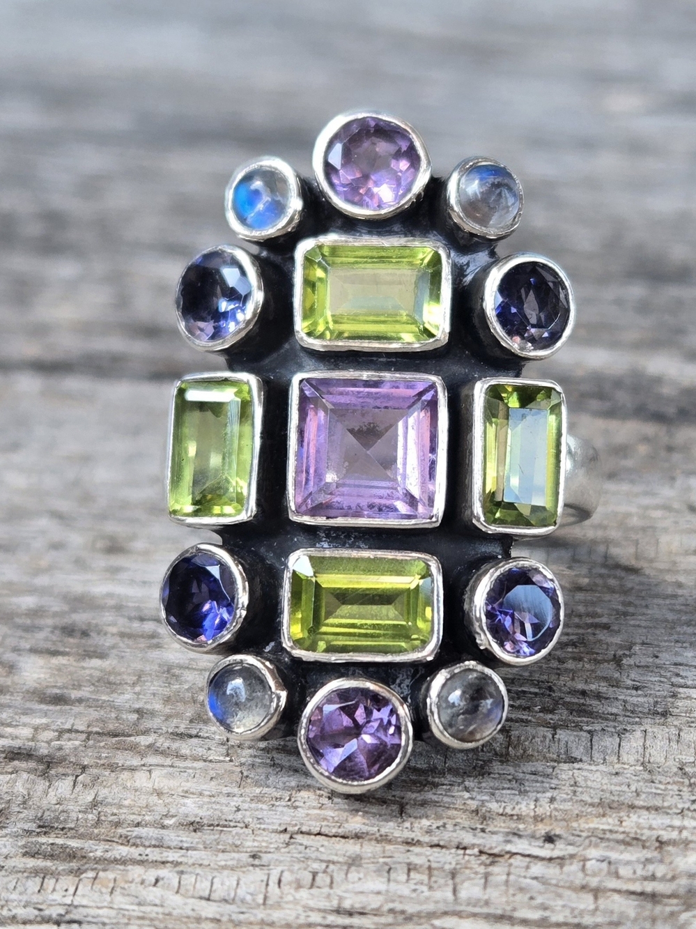 NICKY BUTLER Designer Signed 925 Sterling Silver Peridot Amethyst Iolite Ring NB